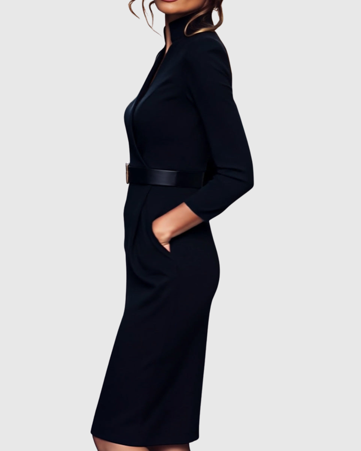 Versatile women's midi dress: elegant mock wrap, three-quarter sleeves, and a chic belt.