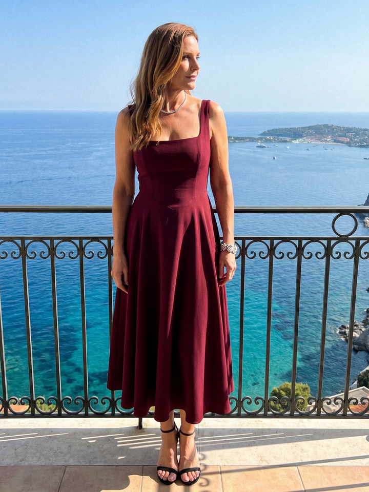 Stylish women's sleeveless square neck midi dress, flared and comfortable, available in various colors.