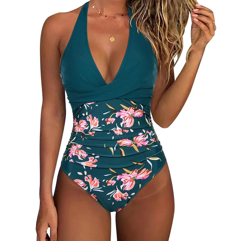 Vintage-style women's V-neck one-piece swimsuit. Comfortable beachwear, perfect for poolside elegance & summer vacation.