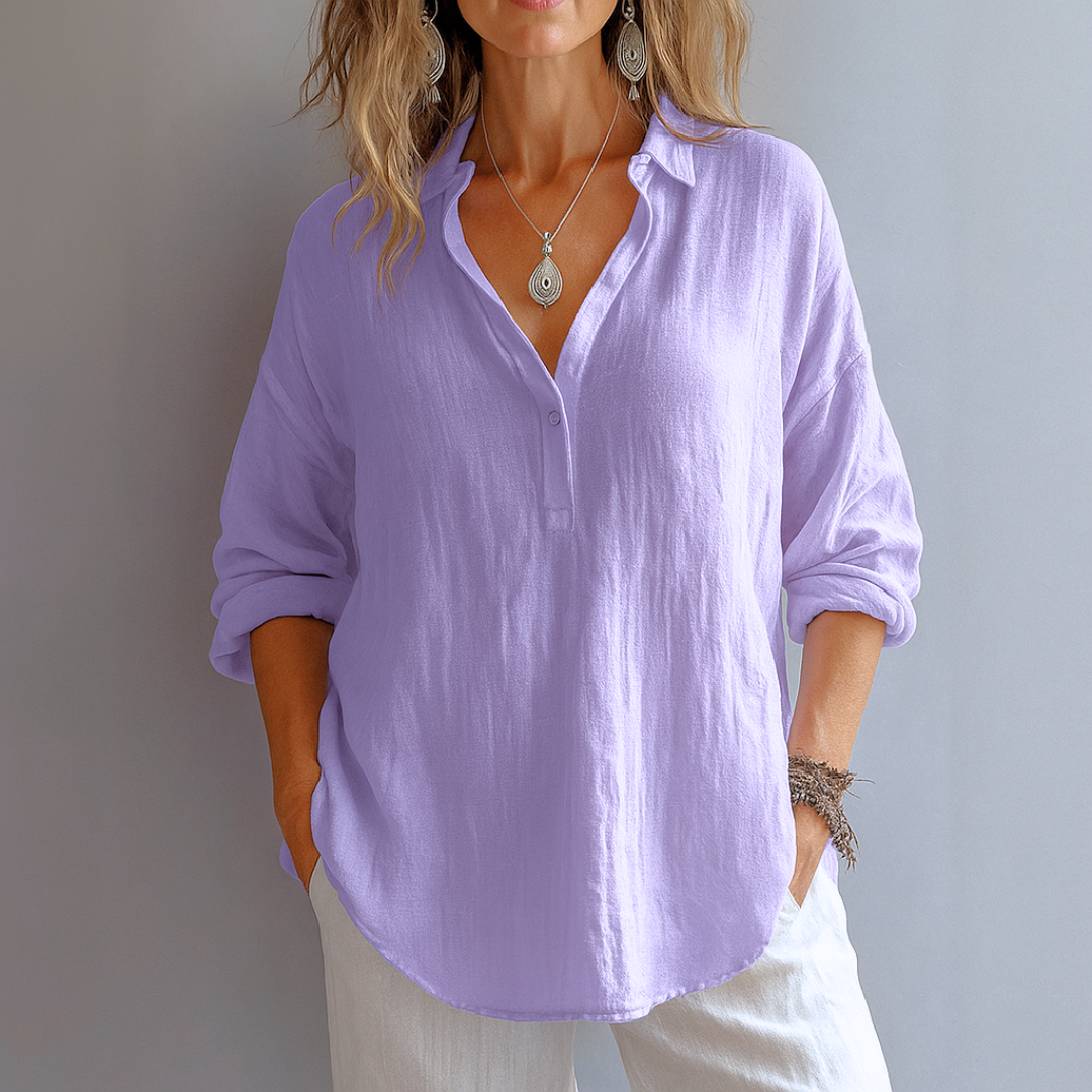 Stylish women's long sleeve blouse with a partial button front. An elegant & versatile collared top for work or casual outfits.
