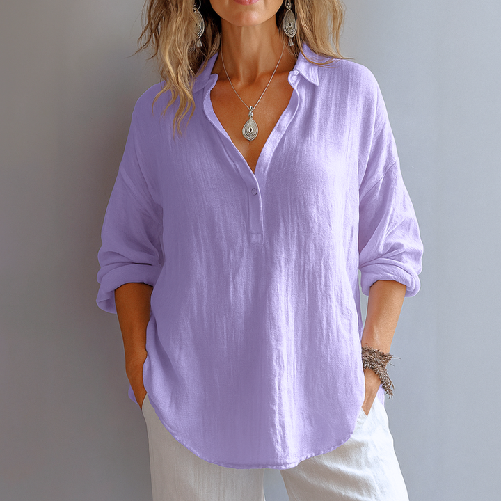 Stylish women's long sleeve blouse with a partial button front. An elegant & versatile collared top for work or casual outfits.