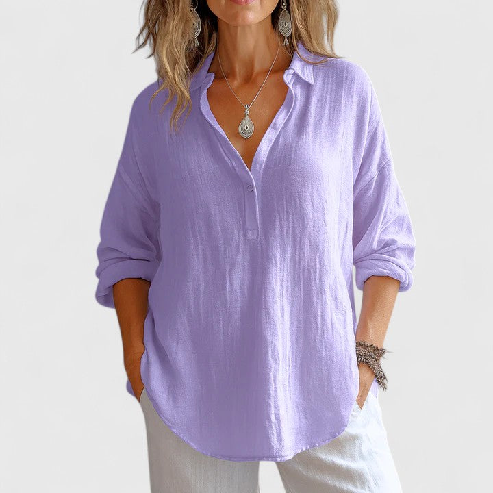 Effortless style: Women's comfortable long sleeve round neck flowy blouse, great for versatile everyday wear.
