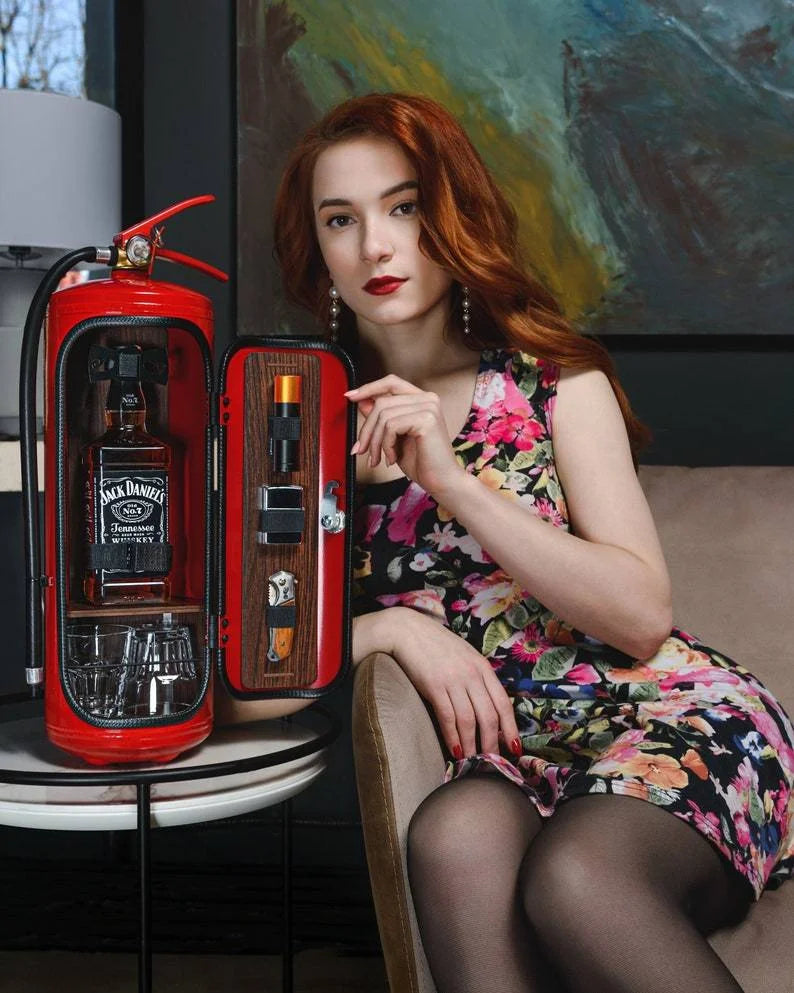 Versatile FireBar hidden bar in red/black. Discreet drink storage for office, home, or mancave.