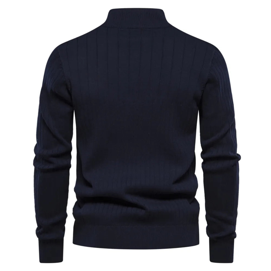 Versatile men's quarter zip mock neck sweater. Long sleeve, ideal for everyday casual wear & layering.
