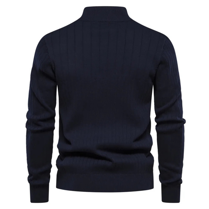 Versatile men's quarter zip mock neck sweater. Long sleeve, ideal for everyday casual wear & layering.