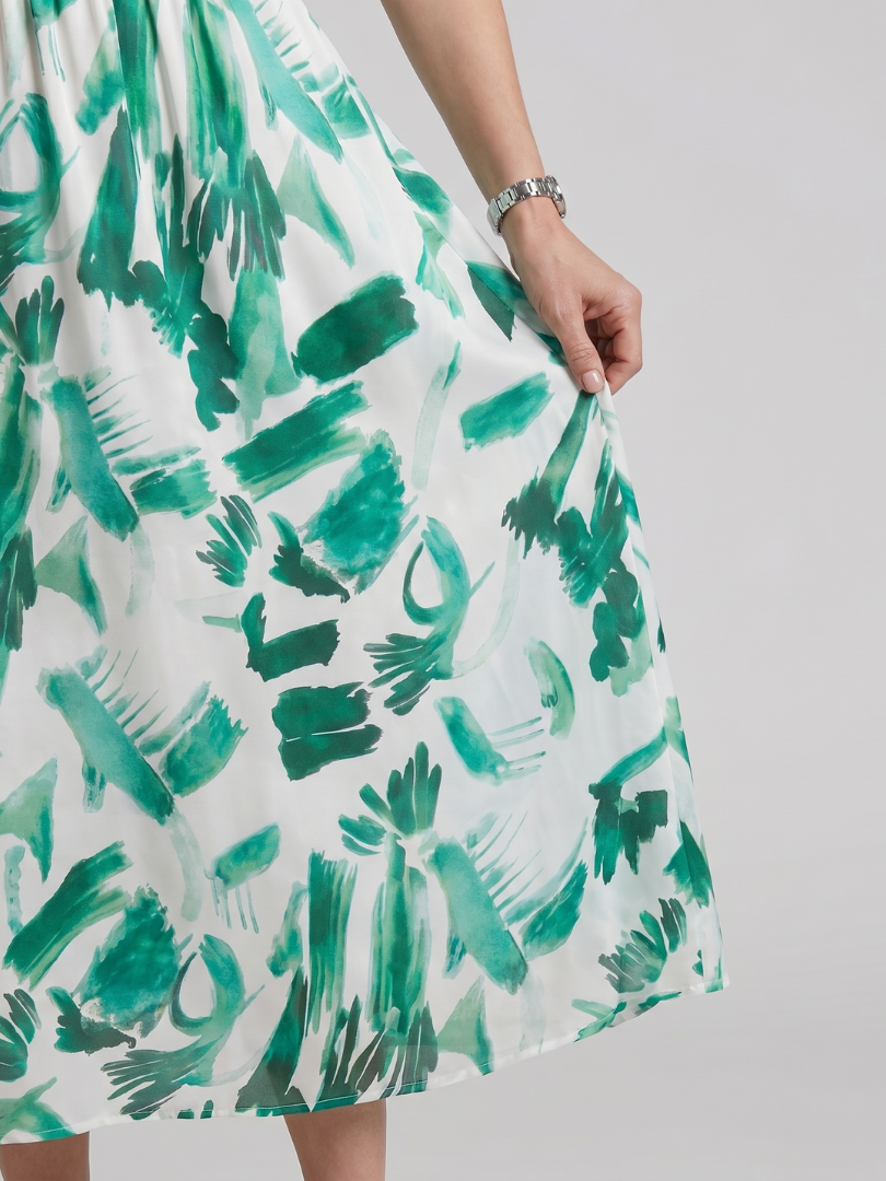 Woman smiling in abstract print midi dress, puff sleeves, V-neck. Perfect casual summer or spring vacation dress.