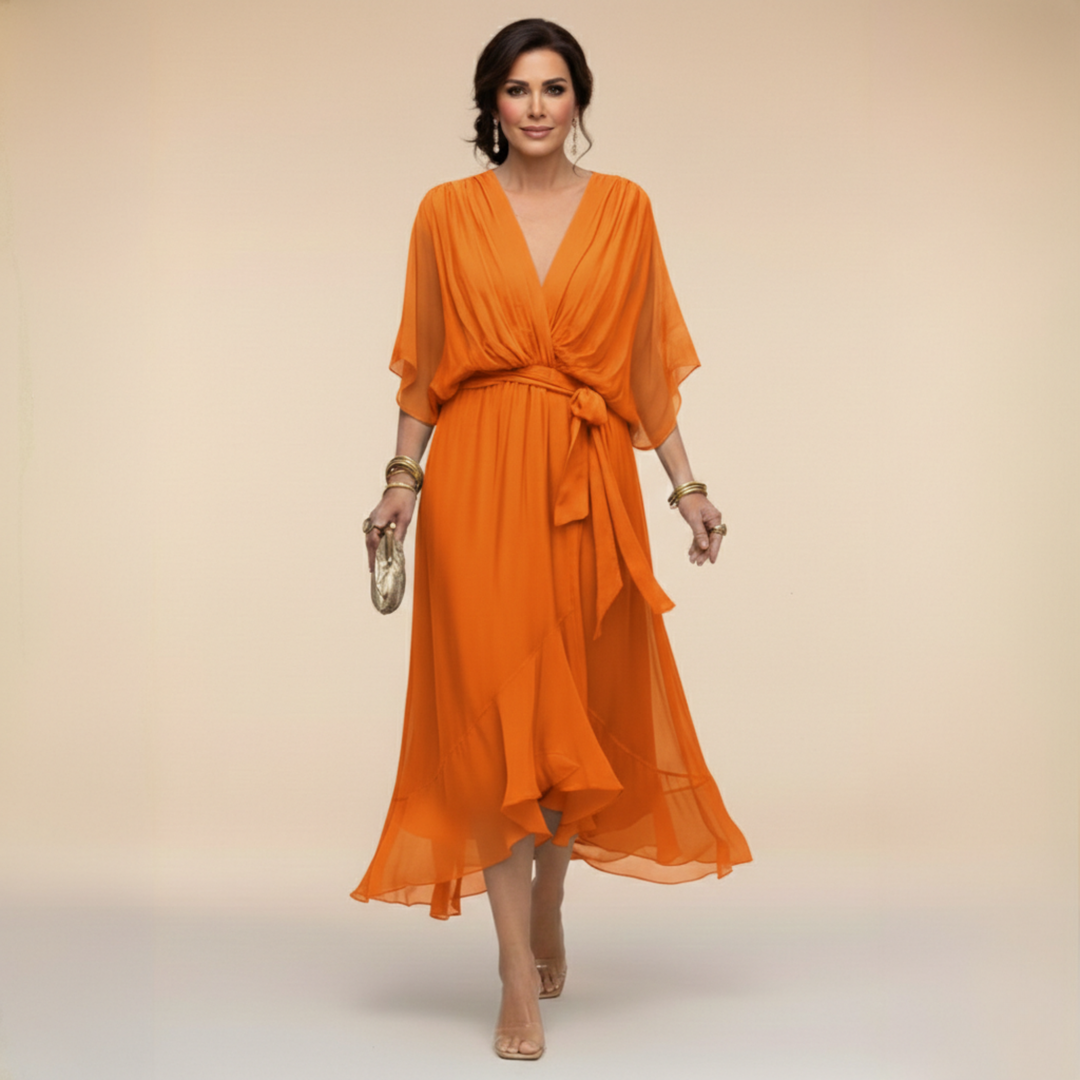 Graceful women's elegant V-neck dress, perfect for formal or casual summer gatherings and events.