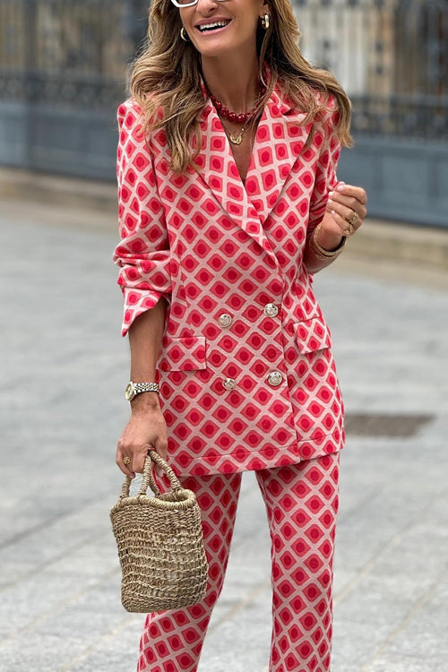 Red geometric print women's blazer & flare pants suit set. Stylish two-piece for office wear or casual chic.