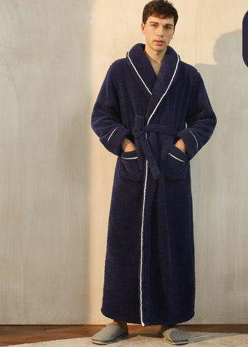 Cozy winter bathrobe for men & women, thick plush over-knee for ultimate relaxation at home.