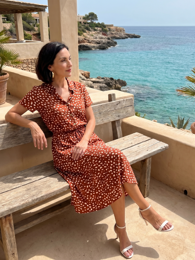 Versatile women's printed midi dress, button-front with belt, styled for a chic look, perfect for various occasions.