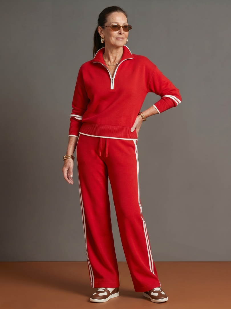 Elegant women's loungewear set with a versatile zip neck top & stylish wide leg pants.