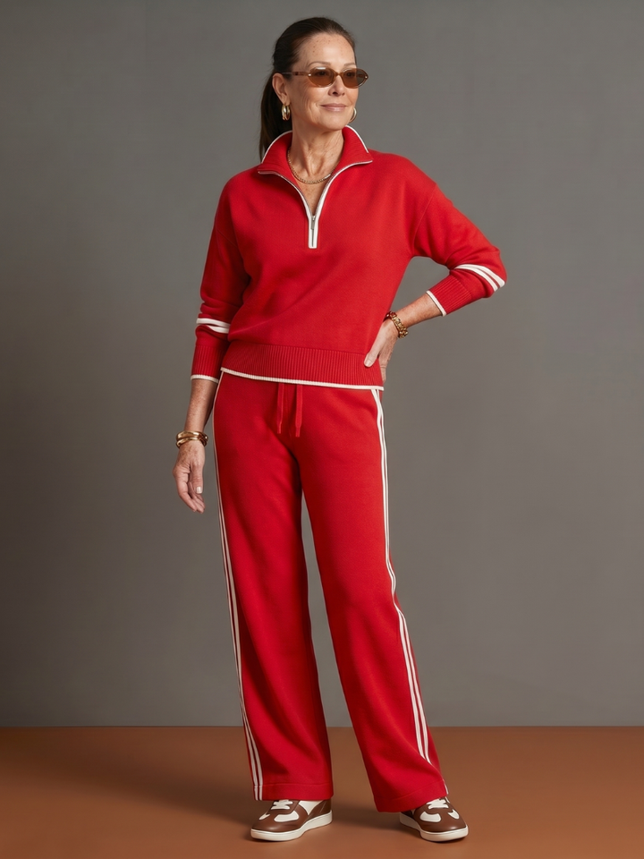 Elegant women's loungewear set with a versatile zip neck top & stylish wide leg pants.