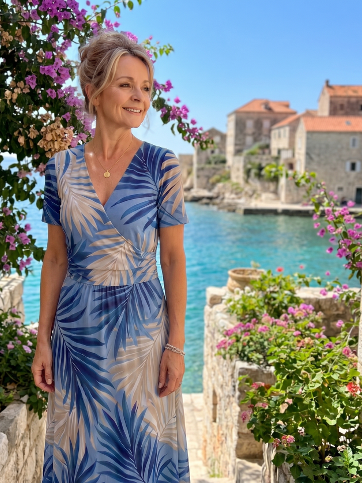 Relaxed fit floral print women's midi dress. Short sleeve, V-neck, and comfortable for summer days.
