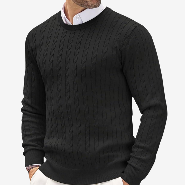 Stylish men's cable knit crew neck sweater. Casual, warm knitwear for autumn & winter comfort.
