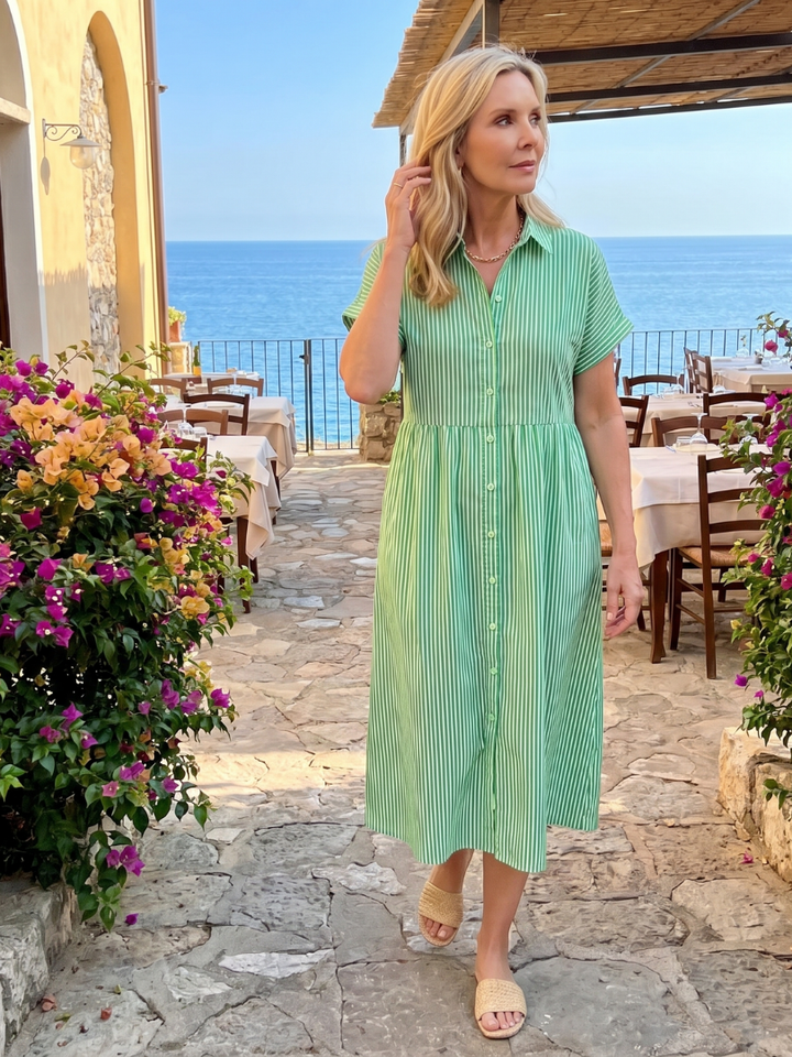Chic women's striped short sleeve midi dress, button-front design, suitable for everyday and casual occasions.