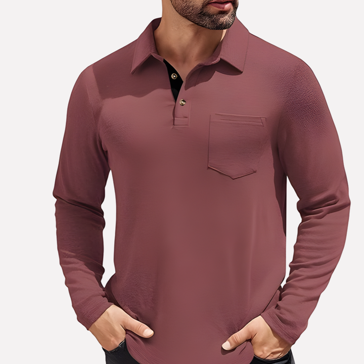 Men's versatile long sleeve polo shirt, featuring a chest pocket, ideal for relaxed smart casual looks.