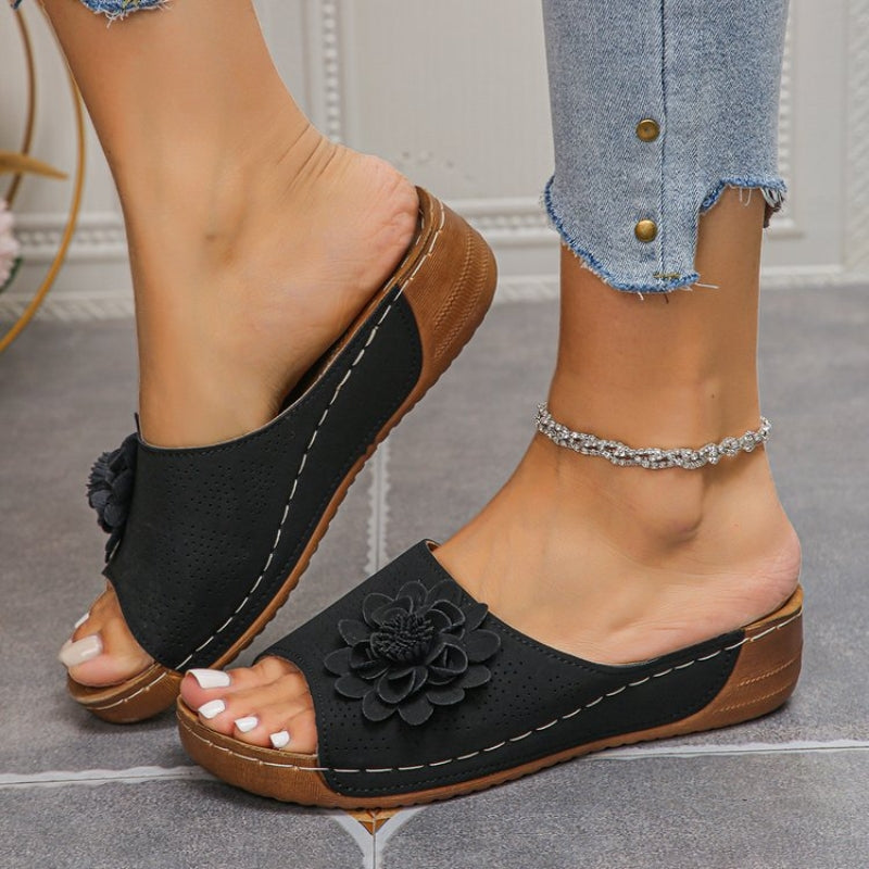 Side view of women's orthopedic wedge sandals, showcasing supportive wedge heel, comfort, and arch support.