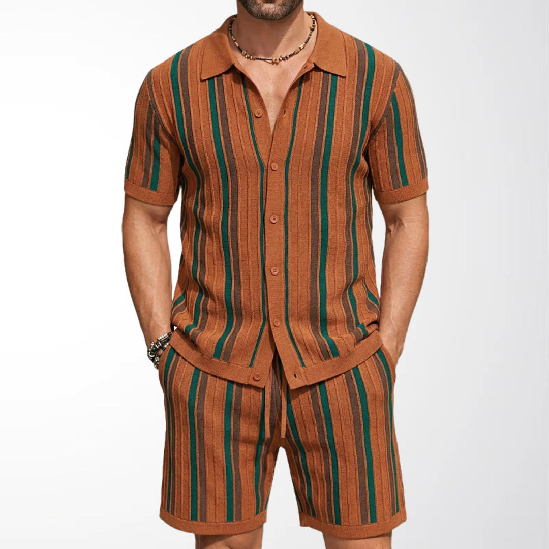 Men's striped short sleeve shirt and matching shorts set. Casual two-piece co-ord for summer and vacation wear.
