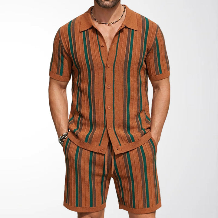 Men's striped short sleeve shirt and matching shorts set. Casual two-piece co-ord for summer and vacation wear.