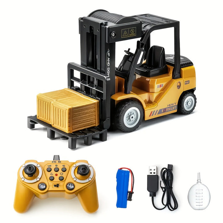 Kids' remote control forklift toy with bright lights & detachable trailer for construction play.