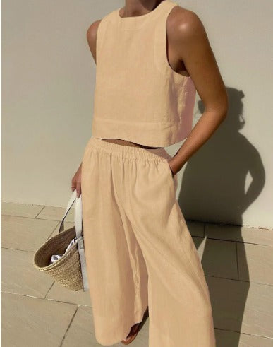 Comfortable women's apparel: a chic polyester two-piece set, perfect for casual summer fashion.