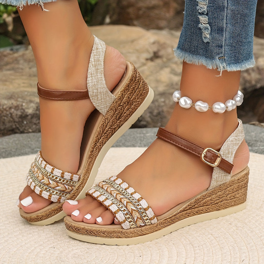 Khaki women's orthopedic wedge sandals with a soft cushioned footbed. Stylish & comfortable summer platform footwear.