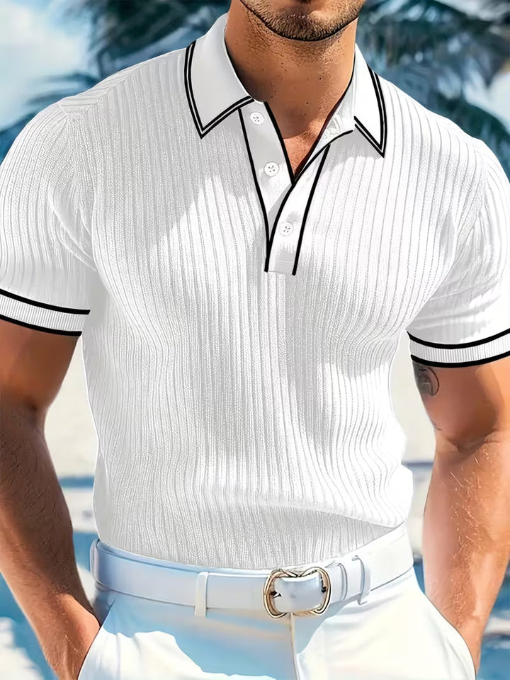 Stylish men's color-blocked short sleeve polo shirt, perfect for modern fashion and comfortable casual wear.