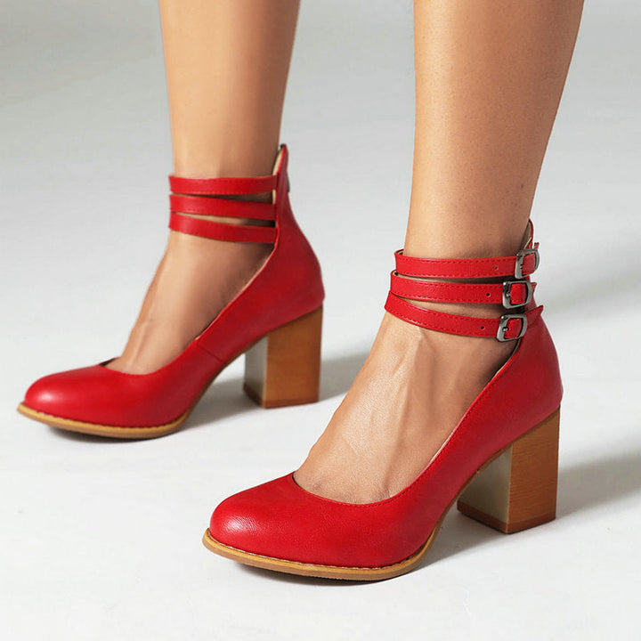 Perfect party or formal women's footwear: comfortable block heels with a chic ankle strap.