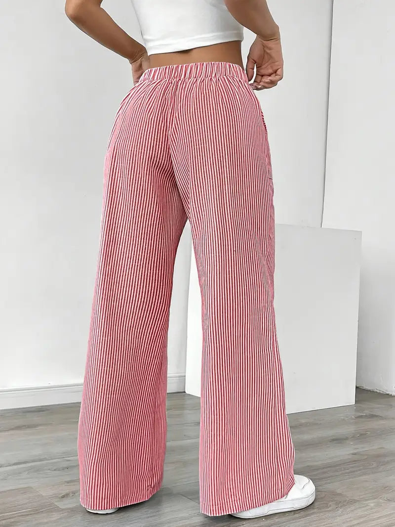 Chic women's wide leg pants, striped pattern, drawstring waist & pockets.