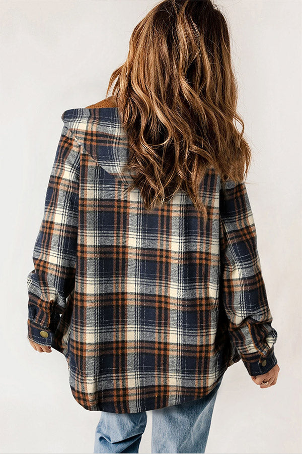 Relaxed fit women's plaid button jacket with hood, ideal for everyday warmth and style.