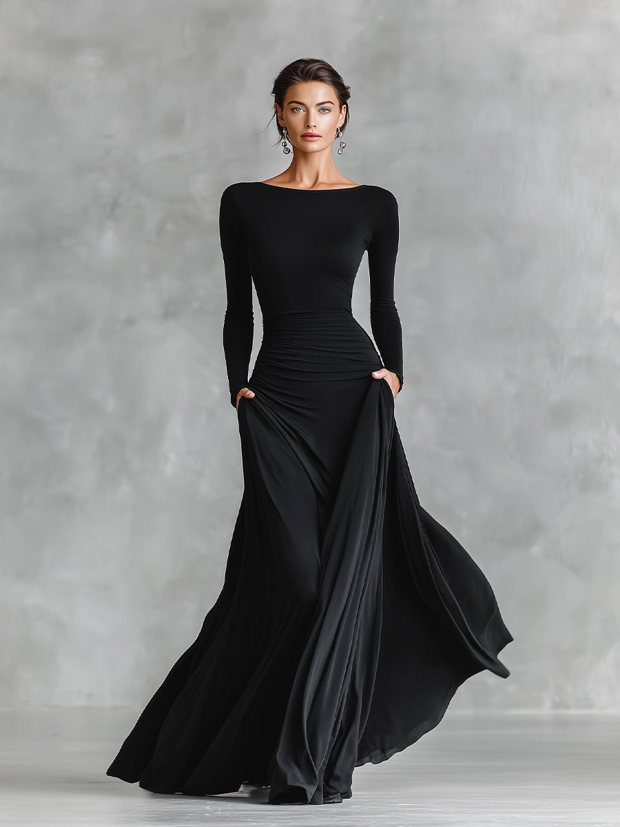 Elegant women's black maxi dress with boat neck, perfect for sophisticated evening events & formal occasions.