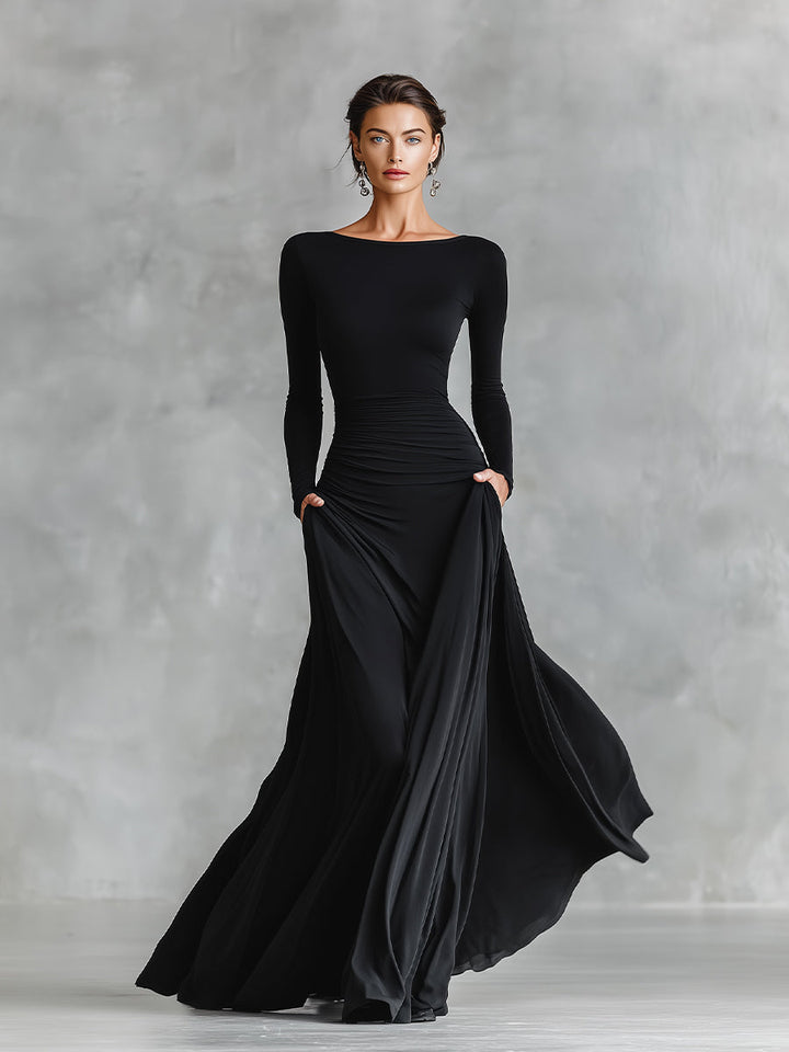 Elegant women's black maxi dress with boat neck, perfect for sophisticated evening events & formal occasions.