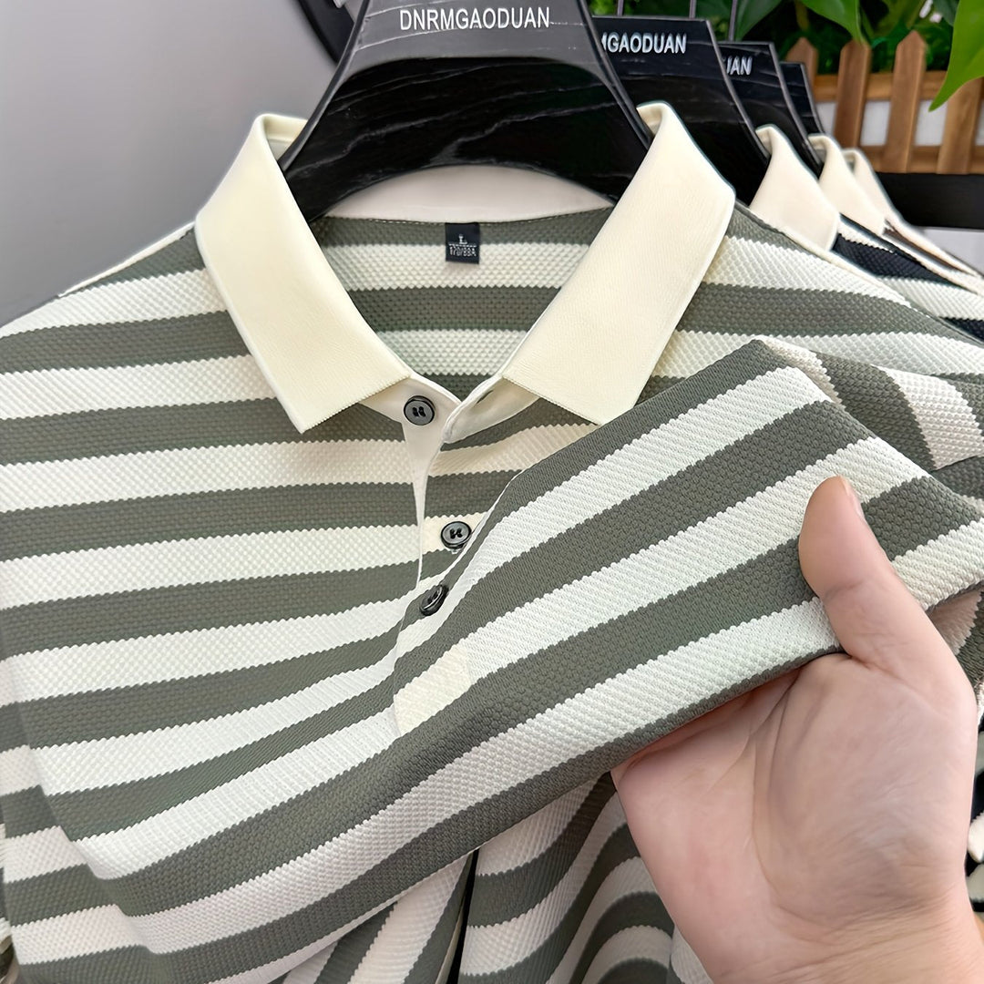 Close-up of a men's striped polo shirt, highlighting the contrast collar, button placket & comfortable fabric.