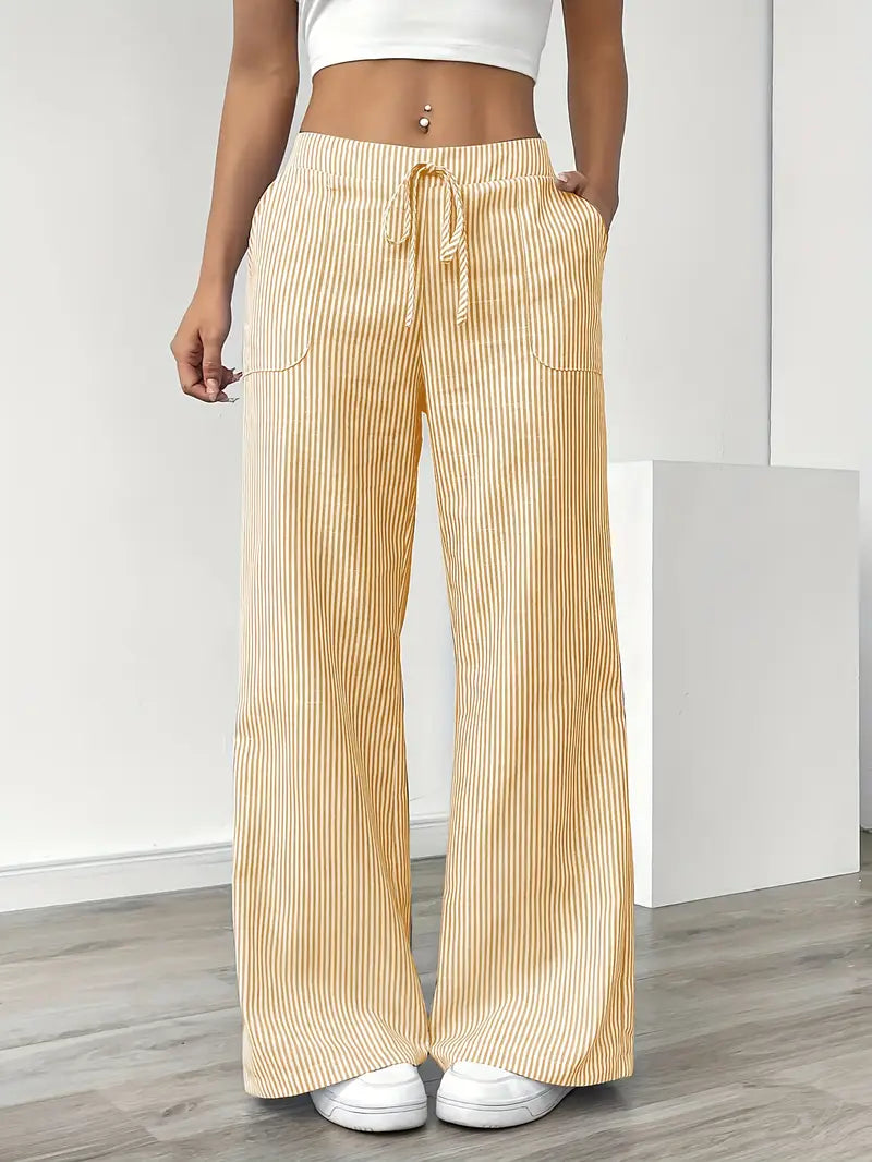 Women's elegant striped wide leg pants w/ pockets & drawstring.
