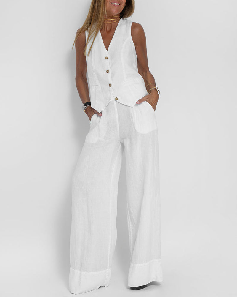 Women's 2-piece outfit: a chic vest paired with trendy wide leg pants, versatile fashion.