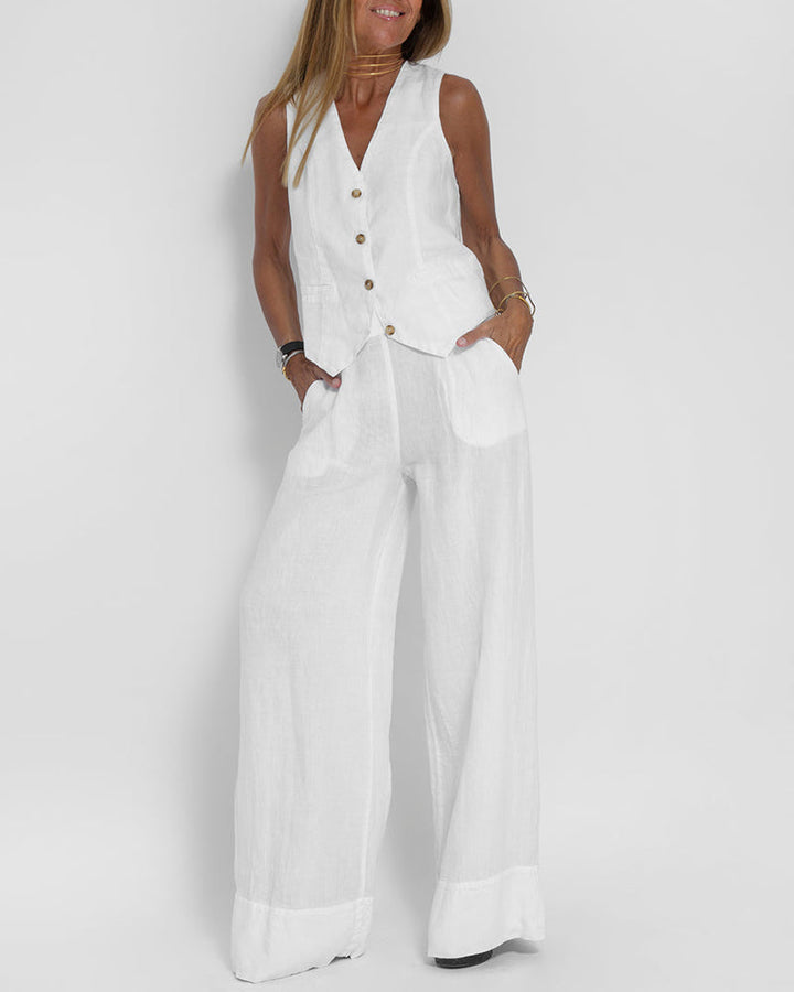Women's 2-piece outfit: a chic vest paired with trendy wide leg pants, versatile fashion.