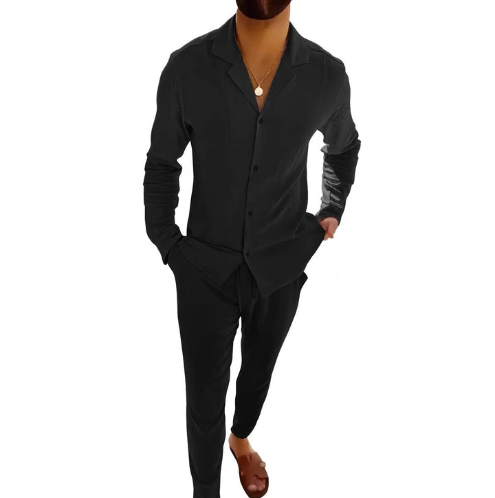 Model wearing a stylish men's lightweight two-piece summer set. Comfortable, coordinated outfit for holidays.
