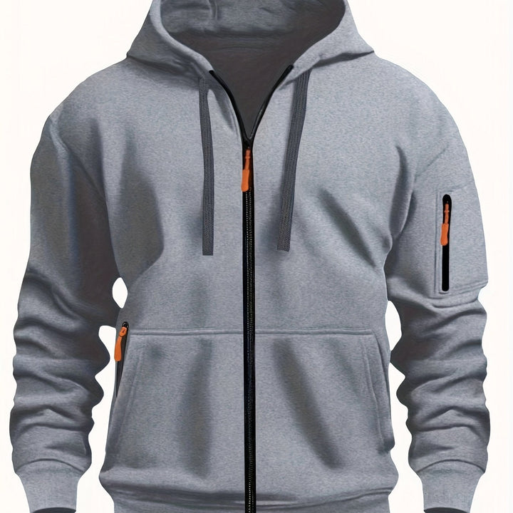 Men's versatile hooded zip-up, great for outdoor adventures.