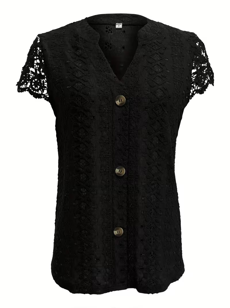 Ladies elegant V-neck button-front summer top with short sleeves & comfortable fit, ideal for warm weather fashion.