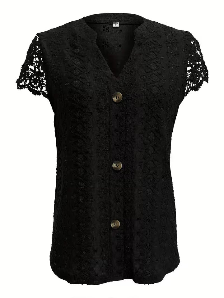 Ladies elegant V-neck button-front summer top with short sleeves & comfortable fit, ideal for warm weather fashion.