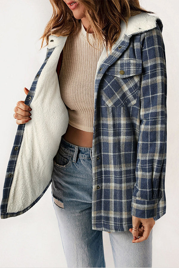 Chic women's plaid hooded button jacket, perfect for warmth, comfort, and versatile styling.