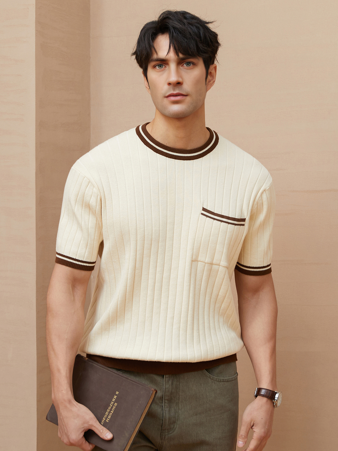 Men's ribbed knit short-sleeve polo tee with stylish striped trim.