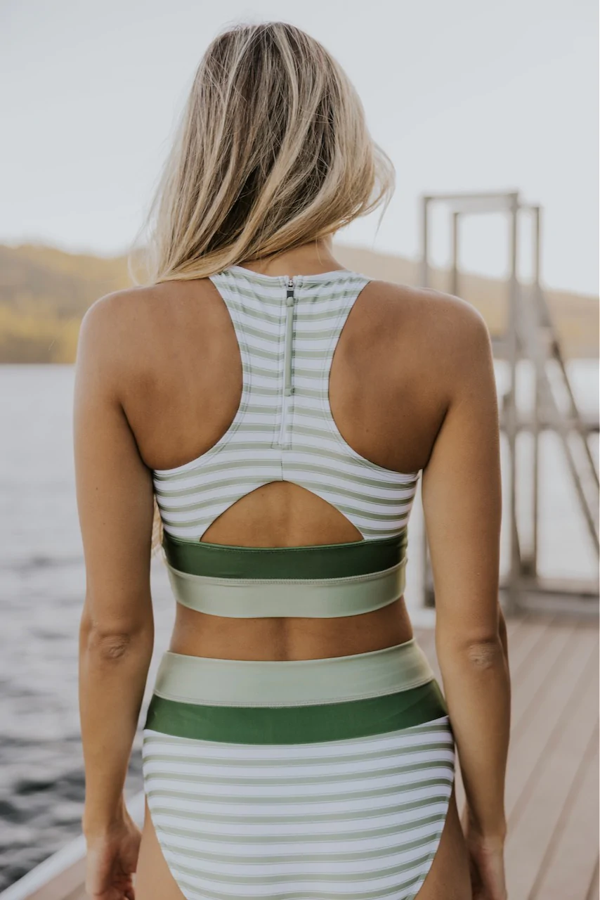 Women's chic striped zip-back bikini set, perfect for stylish beach or pool days.