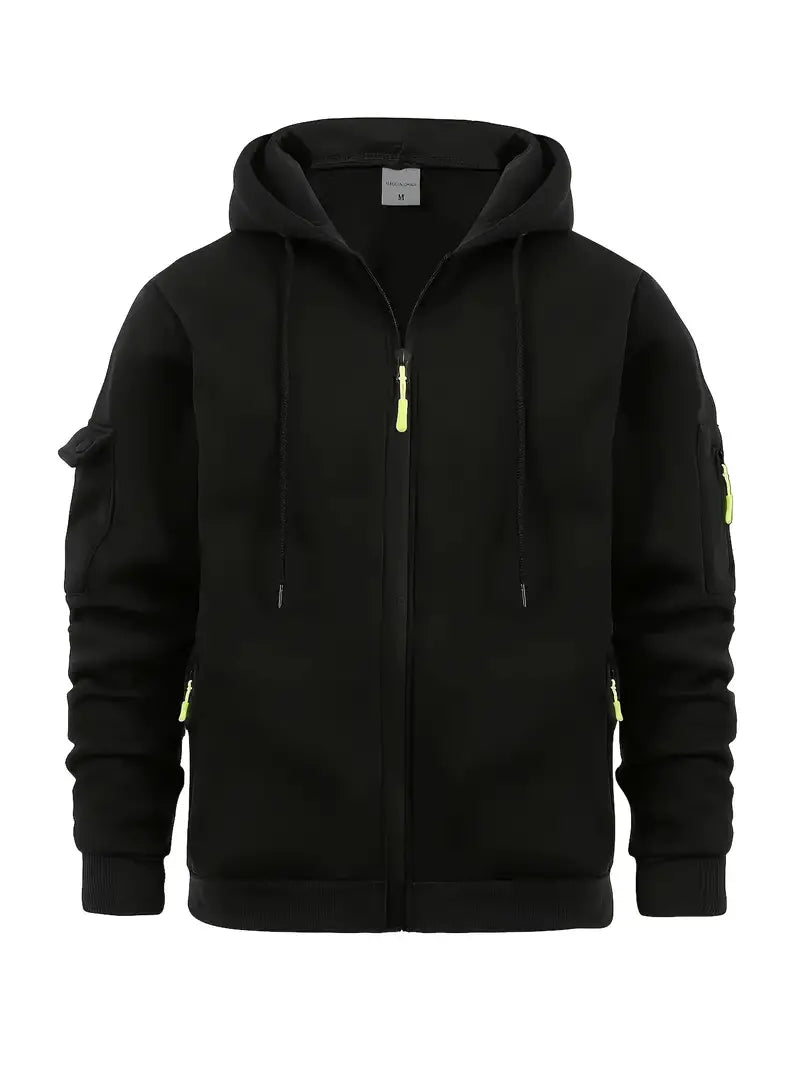 Full zip men's utility vest, hooded, with cargo pockets. Perfect casual layering piece for street fashion.