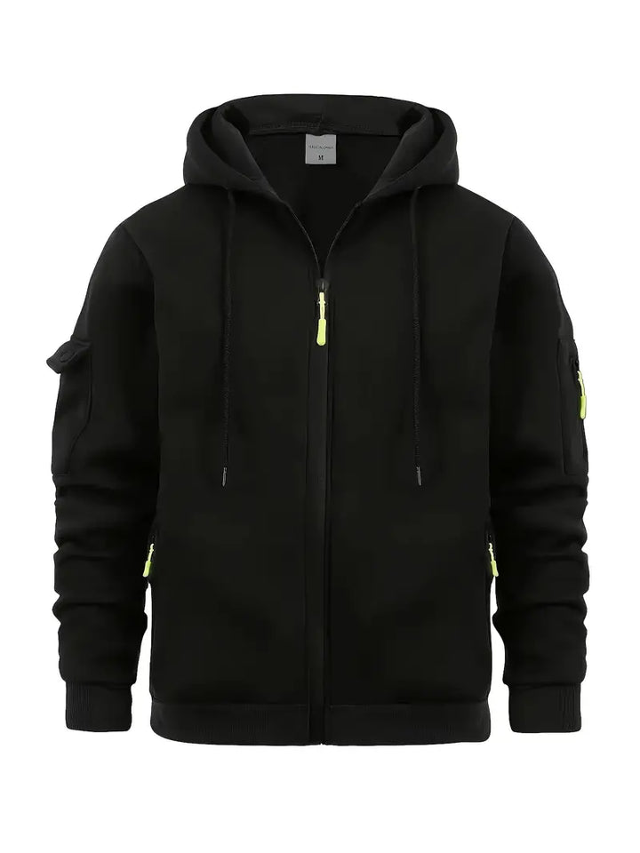 Full zip men's utility vest, hooded, with cargo pockets. Perfect casual layering piece for street fashion.