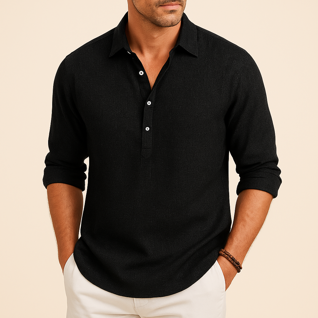 Versatile men's long sleeve polo shirt. Relaxed fit, button neck design for casual or smart-casual looks.