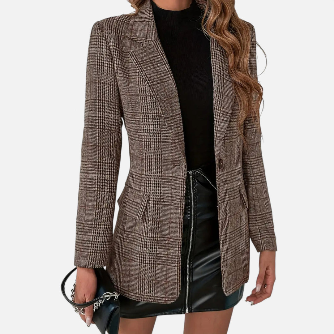 Elegant women's plaid blazer with lapel, perfect for professional office workwear or business formal events.