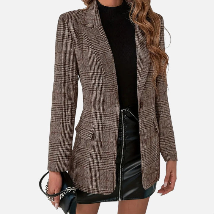 Elegant women's plaid blazer with lapel, perfect for professional office workwear or business formal events.