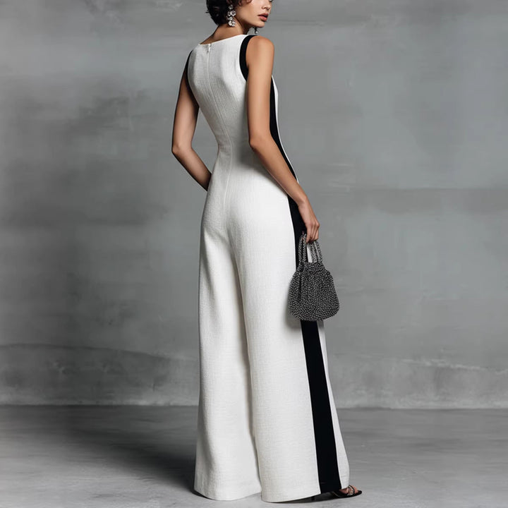 Modern women's colour-block wide leg jumpsuit, a sleeveless V-neck one-piece with elegant relaxed fit.