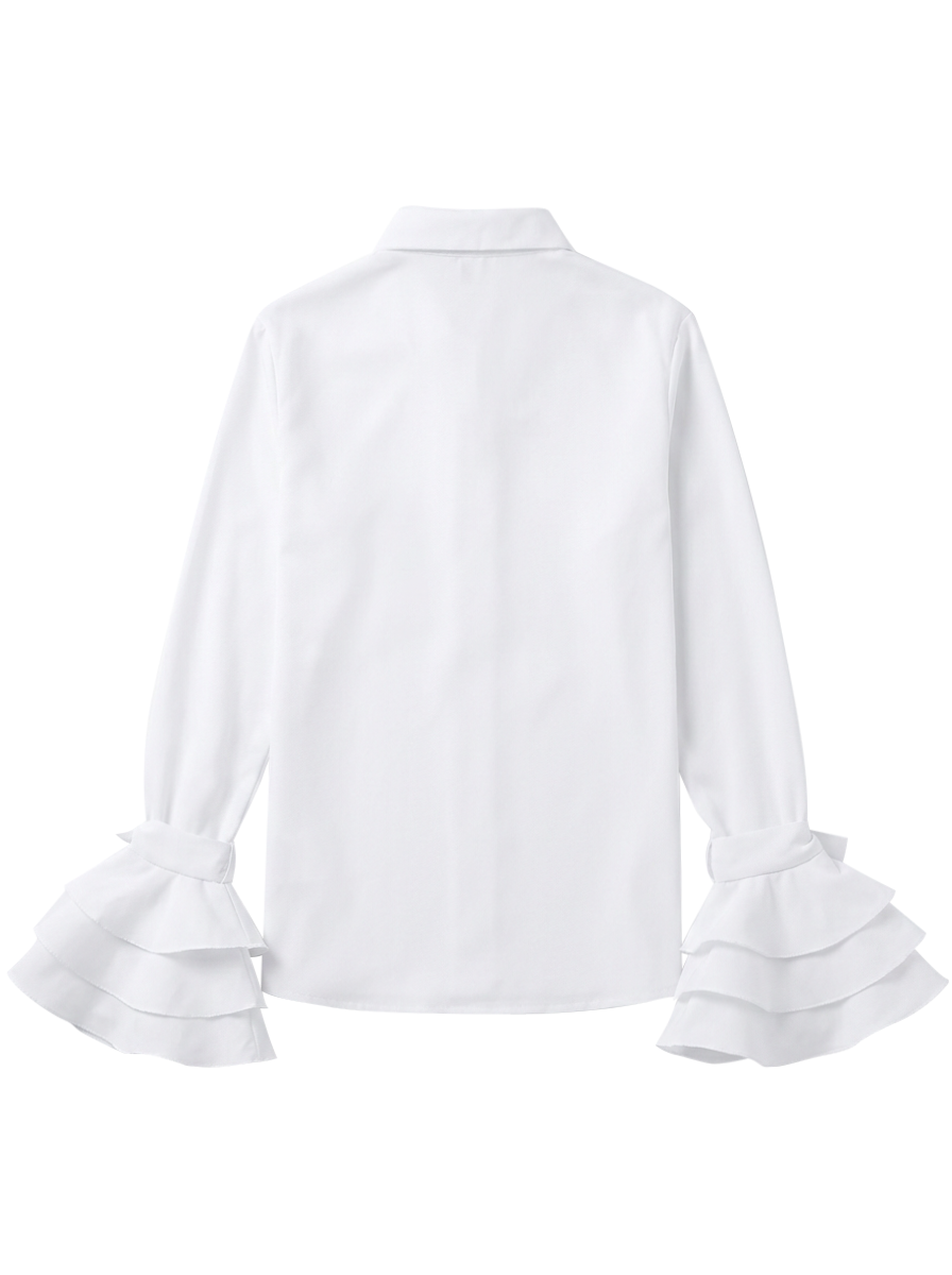 Sophisticated women's tiered ruffle blouse. Elegant button-up top with chic flare sleeves, ideal for autumn.